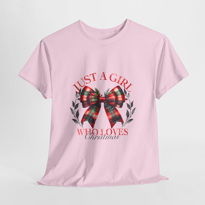 Just a Girl Who Loves Christmas - Tartan Plaid Bow Wreath Tee