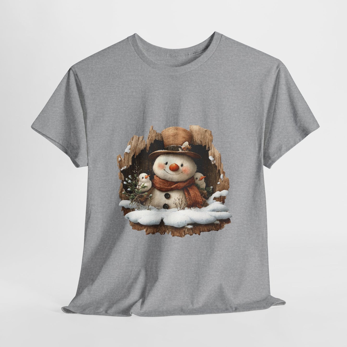 Woodland Snowman with Birds Christmas T-Shirt - Rustic Tree Hollow Snowman