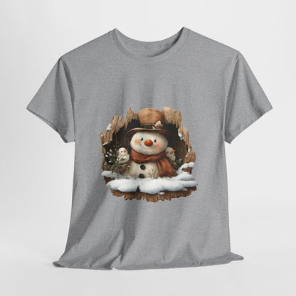 Woodland Snowman with Birds Christmas T-Shirt - Rustic Tree Hollow Snowman