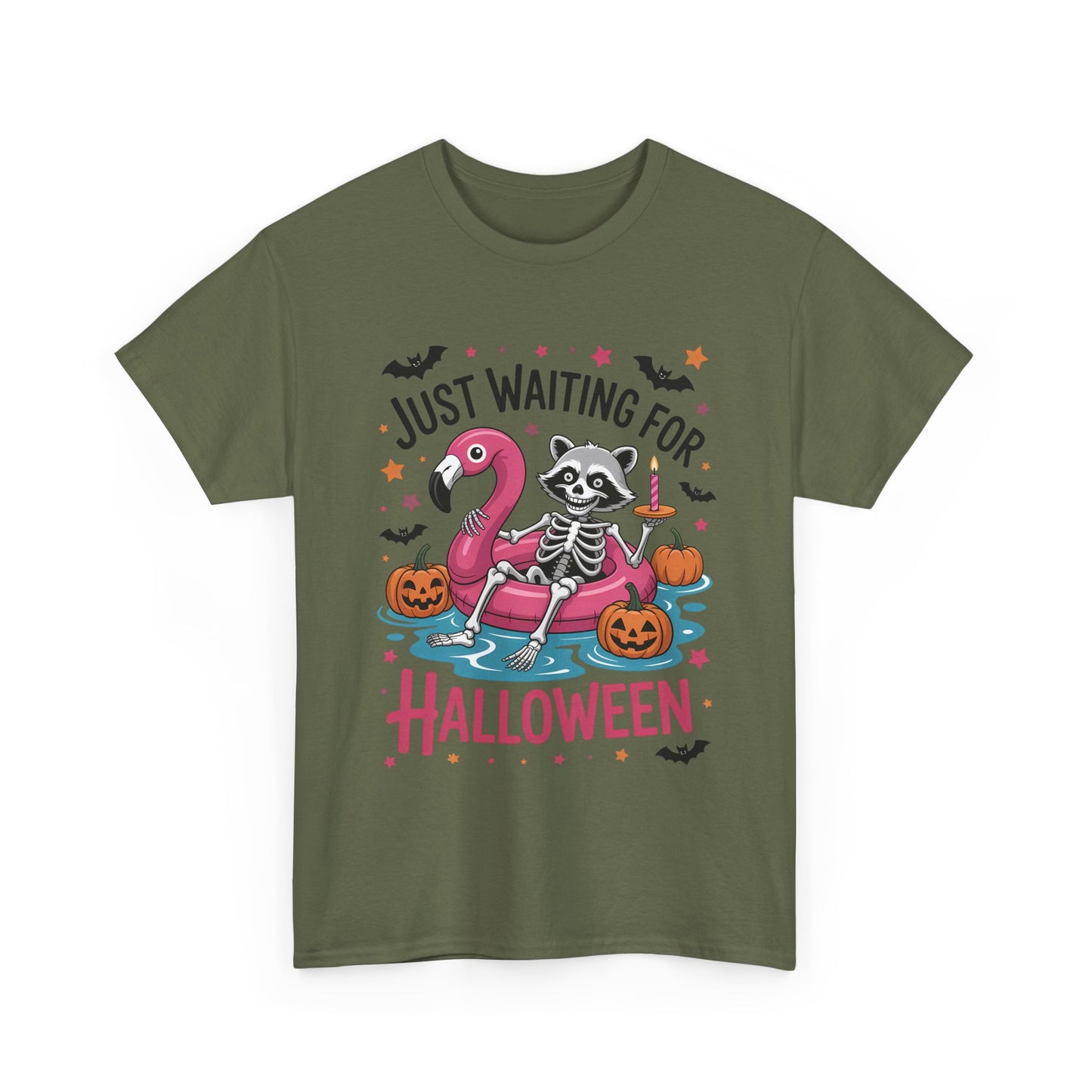 Just Waiting for Halloween T-Shirt - Raccoon Skeleton Flamingo Tee