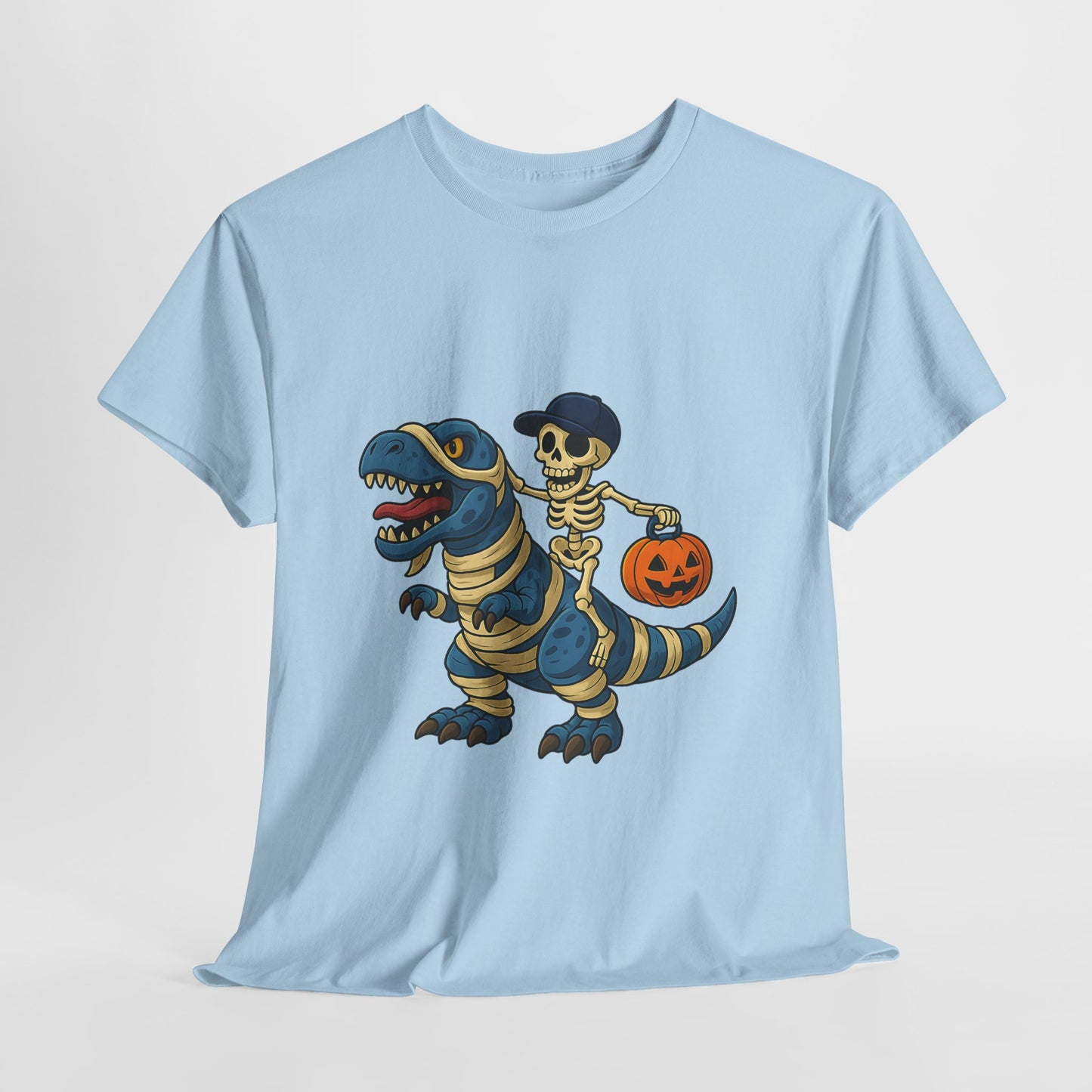 Skeleton Riding T-Rex Halloween T-Shirt - Dinosaur Mummy Wrap Tee