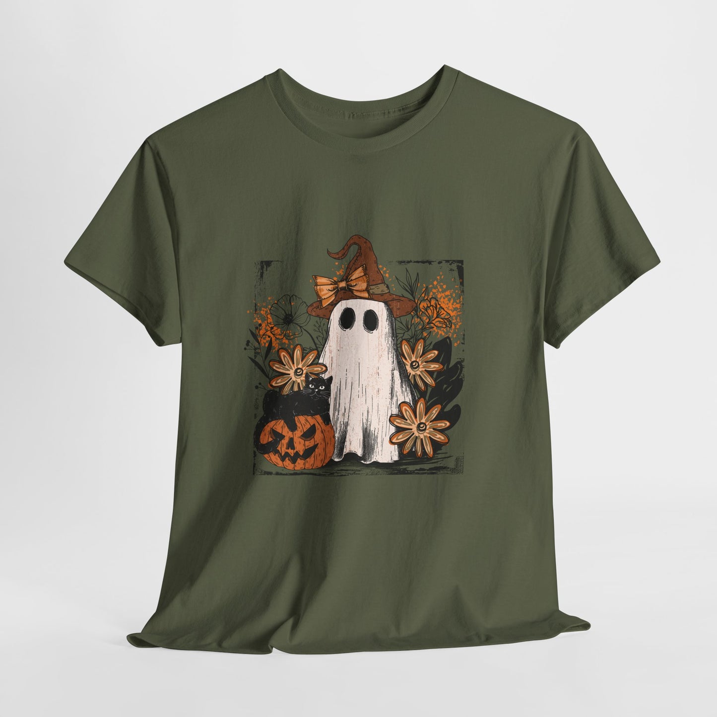 Floral Ghost Cat Pumpkin Halloween T-Shirt - Witch Hat Bow x Jack-O-Lantern