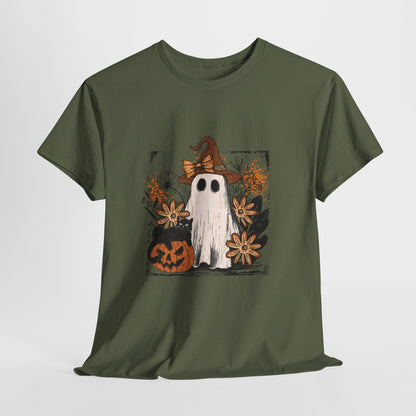 Floral Ghost Cat Pumpkin Halloween T-Shirt - Witch Hat Bow x Jack-O-Lantern