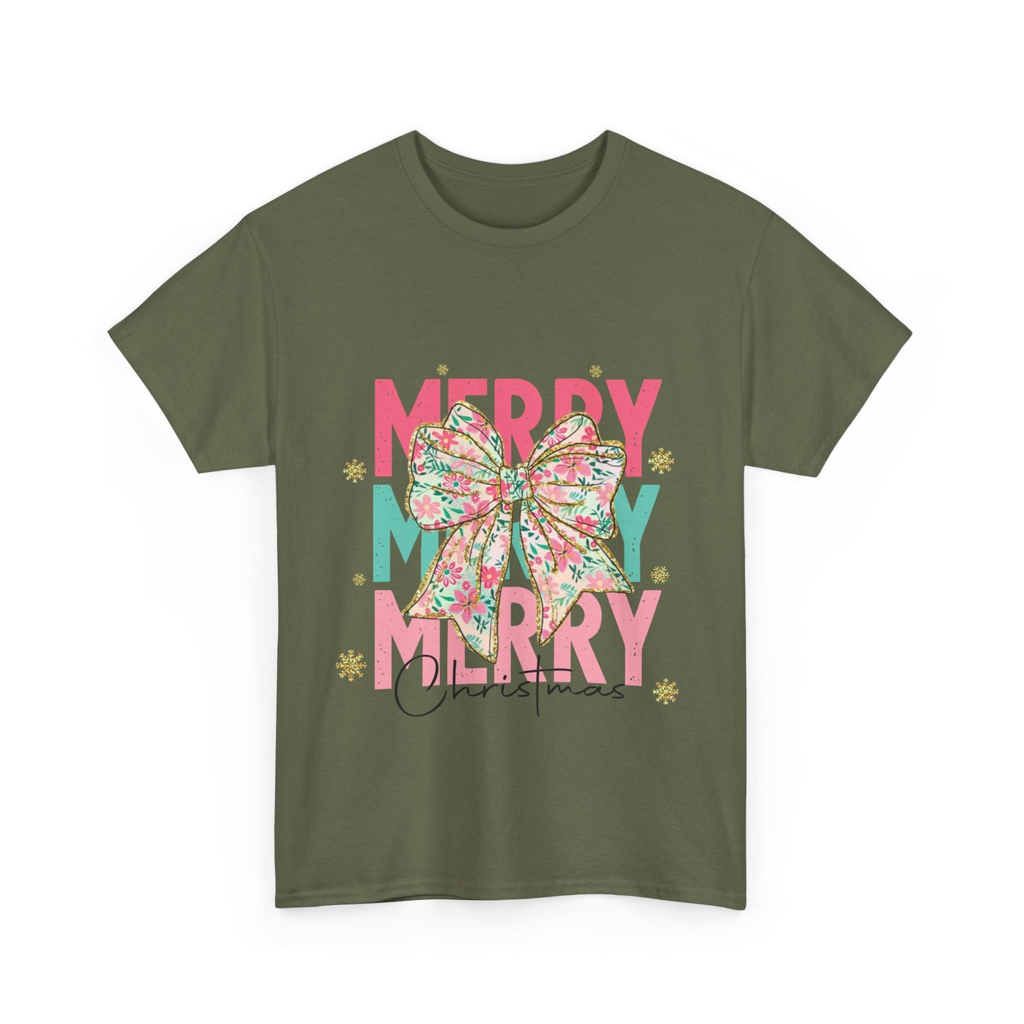 Merry Merry Merry Christmas T-Shirt - Floral Bow Pastel Tee