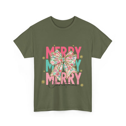 Merry Merry Merry Christmas T-Shirt - Floral Bow Pastel Tee