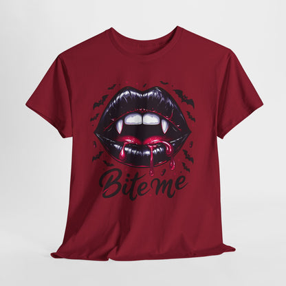 Bite Me Vampire Lips T-Shirt - Gothic Fangs & Bats Halloween Tee
