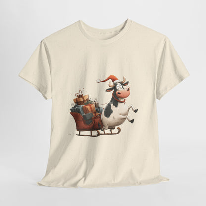 Santa Cow Sleigh Christmas T-Shirt - Funny Cow Pulling Sleigh Tee