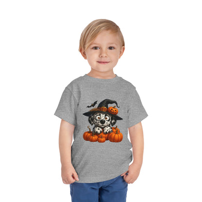 Cute Halloween Puppy Kids T-Shirt - Witch Hat & Pumpkins Toddler Tee
