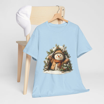 Forest Wreath Snowman Christmas T-Shirt - Cozy Rustic Snowman in Coat & Scarf