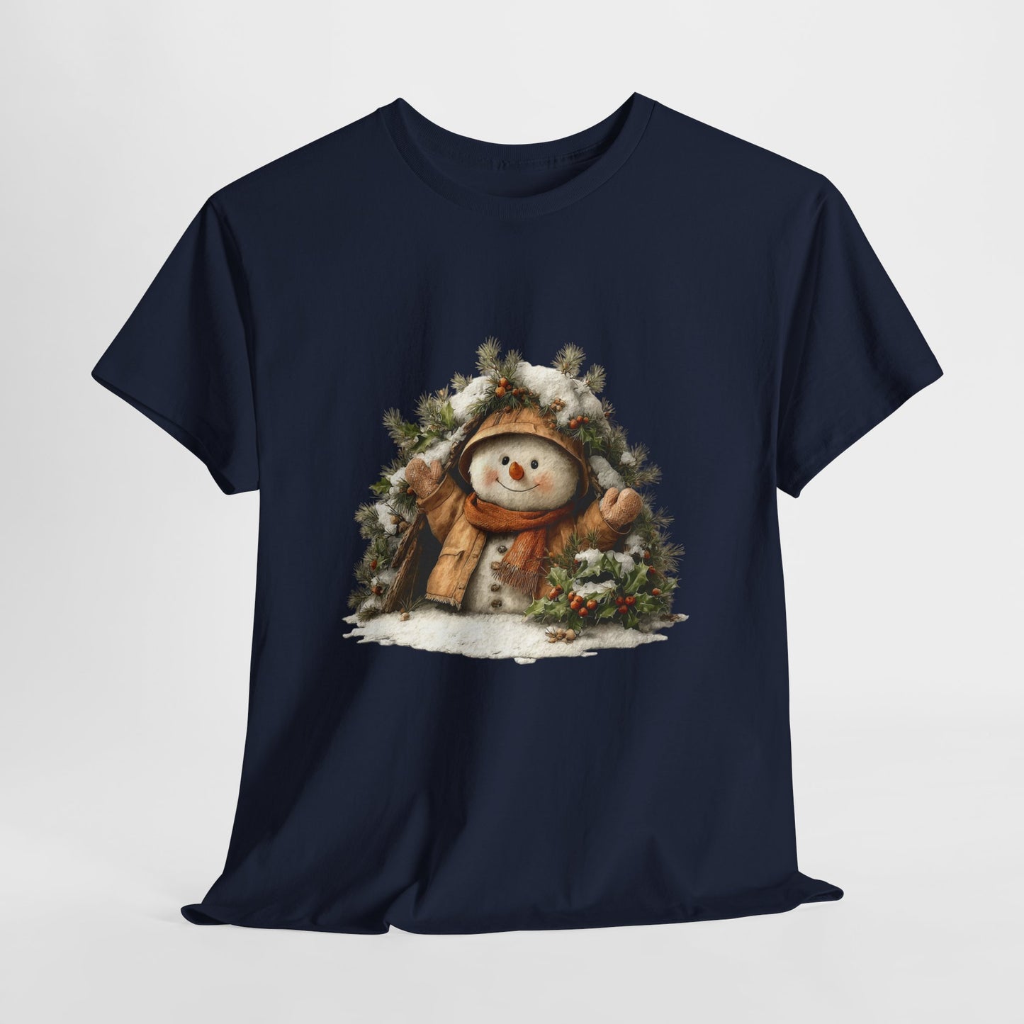 Forest Wreath Snowman Christmas T-Shirt - Cozy Rustic Snowman in Coat & Scarf