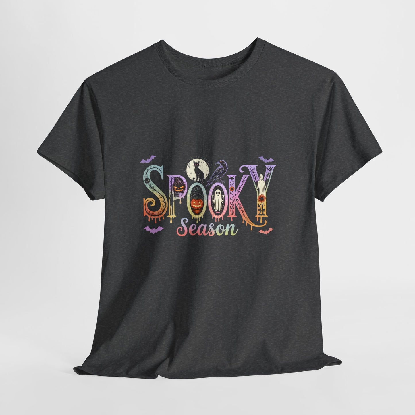 Spooky Season Gothic T-Shirt with Ghosts, Black Cat, Raven & Pumpkins