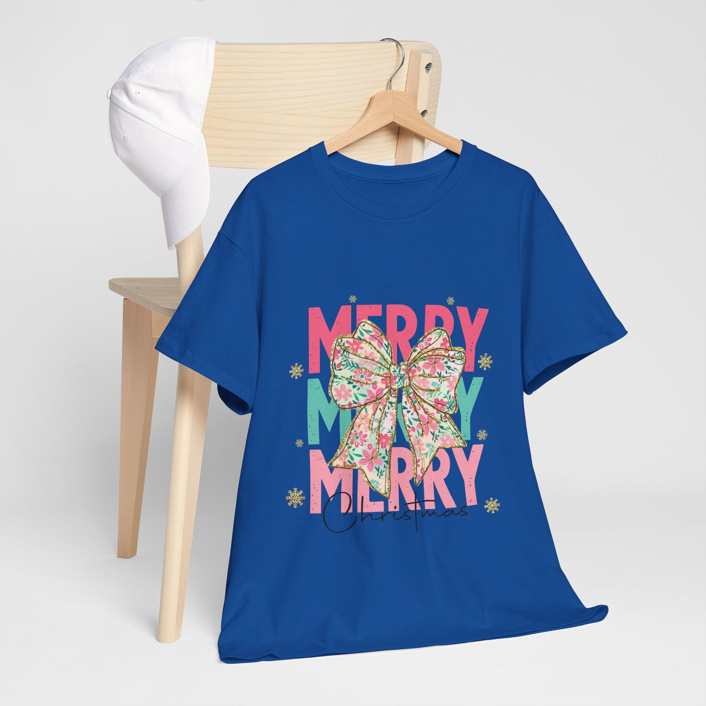 Merry Merry Merry Christmas T-Shirt - Floral Bow Pastel Tee