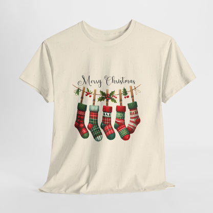 Merry Christmas Stockings T-Shirt - Five Plaid Stockings on Garland