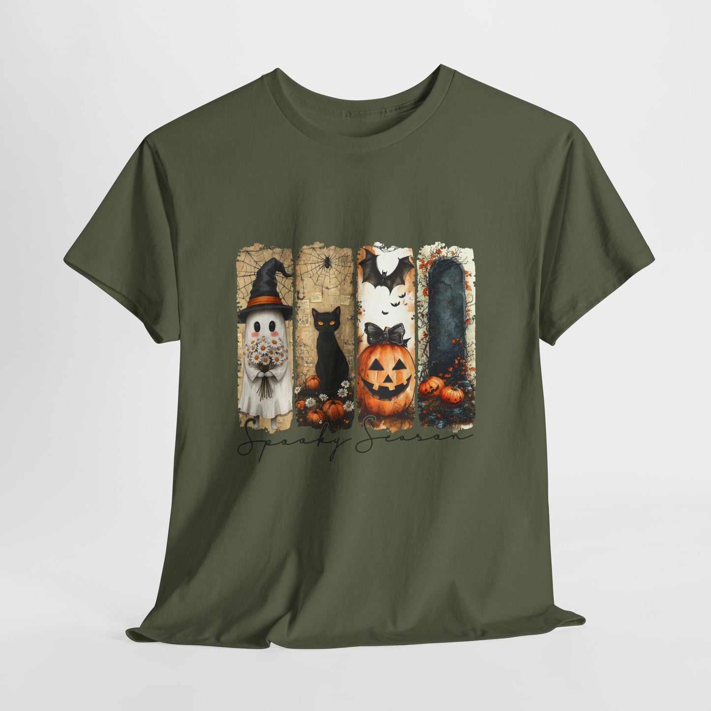 Spooky Season Panels Halloween T-Shirt with Ghost, Black Cat, Jack-O-Lantern & Bats