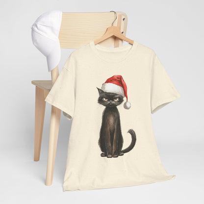 Black Cat Santa Hat Christmas Shirt - Grumpy Holiday Cat Tee