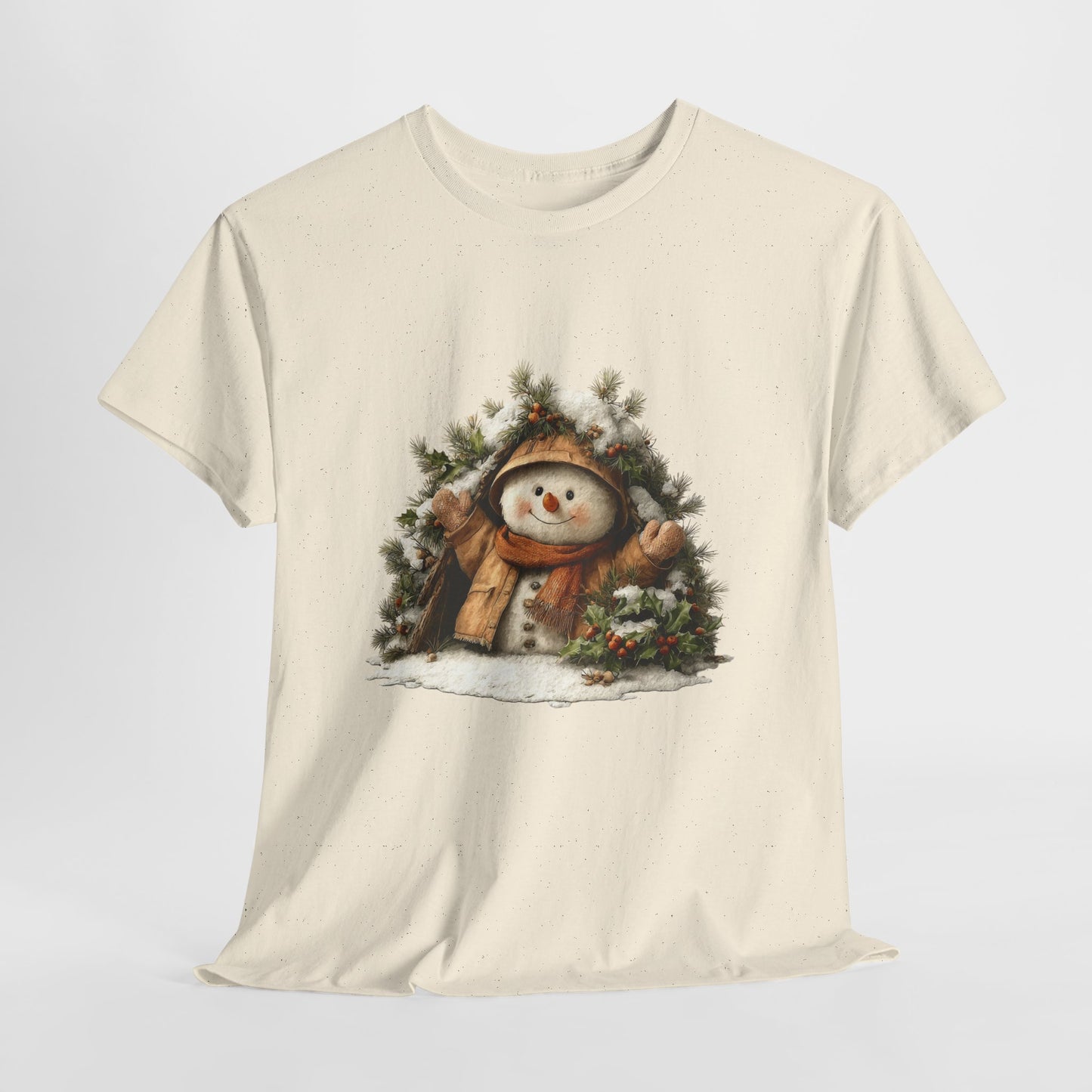 Forest Wreath Snowman Christmas T-Shirt - Cozy Rustic Snowman in Coat & Scarf