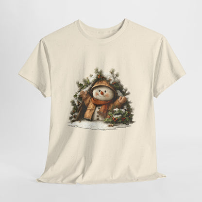 Forest Wreath Snowman Christmas T-Shirt - Cozy Rustic Snowman in Coat & Scarf