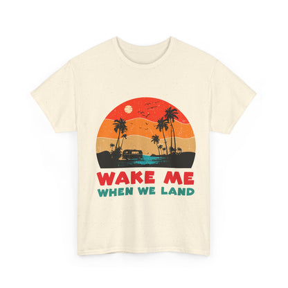 Wake Me When We Land T-Shirt - Funny Jet Lag Travel Retro Sunset Tee