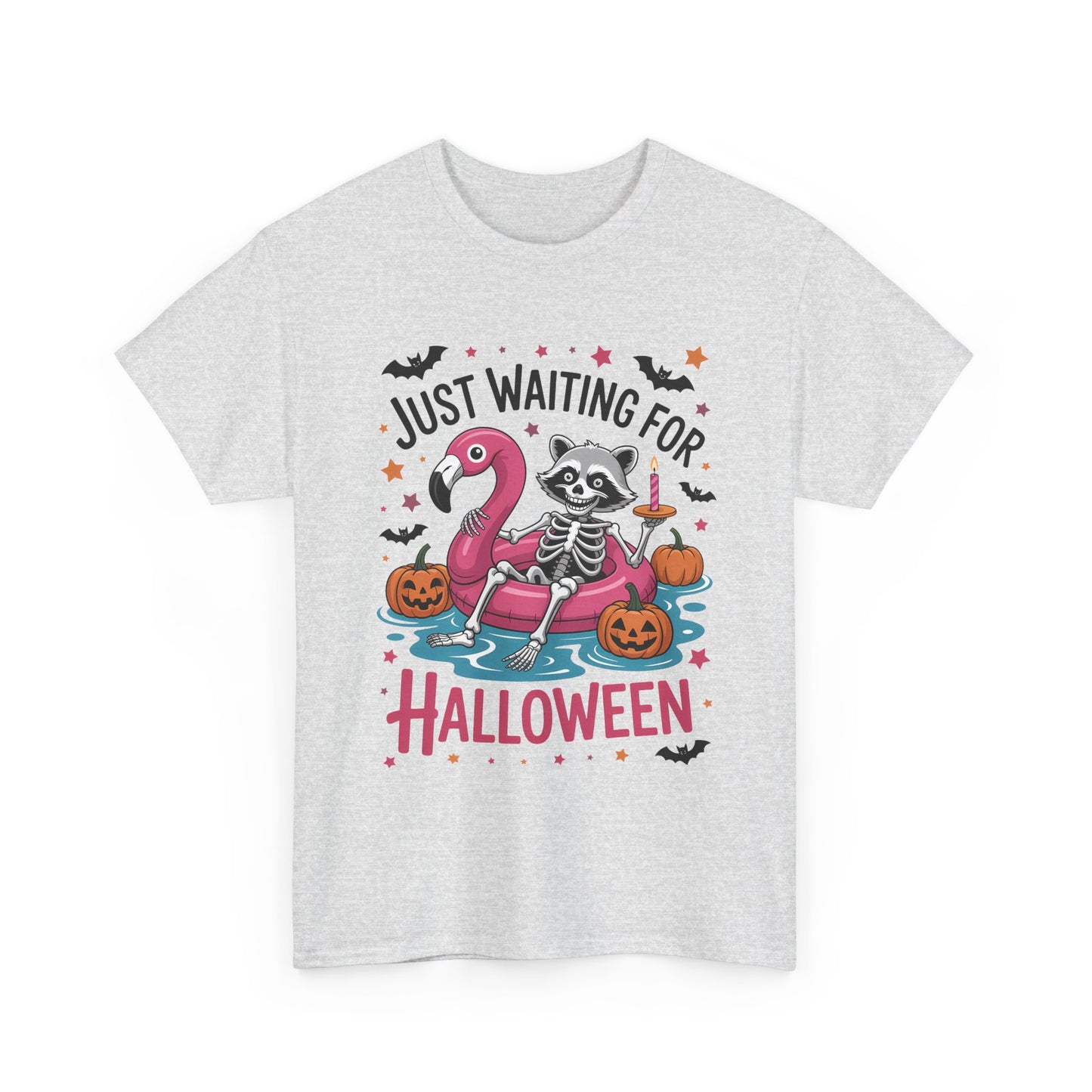 Just Waiting for Halloween T-Shirt - Raccoon Skeleton Flamingo Tee