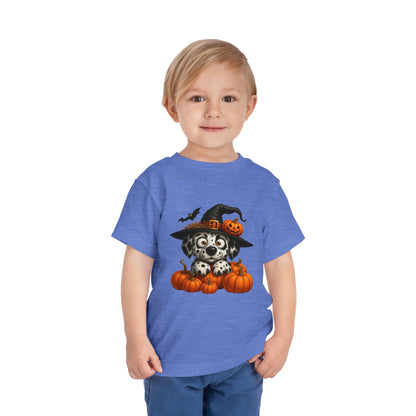 Cute Halloween Puppy Kids T-Shirt - Witch Hat & Pumpkins Toddler Tee