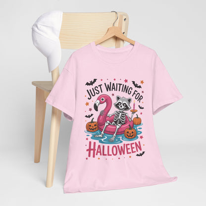 Just Waiting for Halloween T-Shirt - Raccoon Skeleton Flamingo Tee