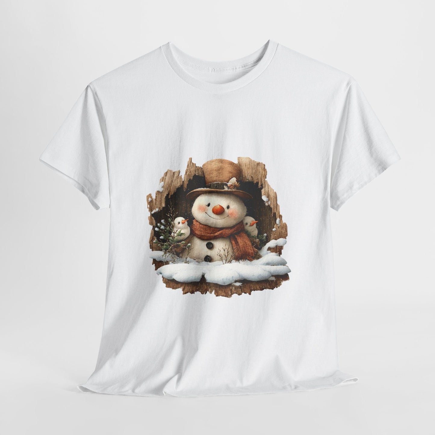 Woodland Snowman with Birds Christmas T-Shirt - Rustic Tree Hollow Snowman