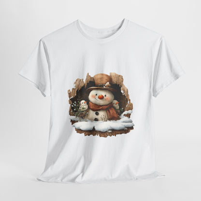 Woodland Snowman with Birds Christmas T-Shirt - Rustic Tree Hollow Snowman