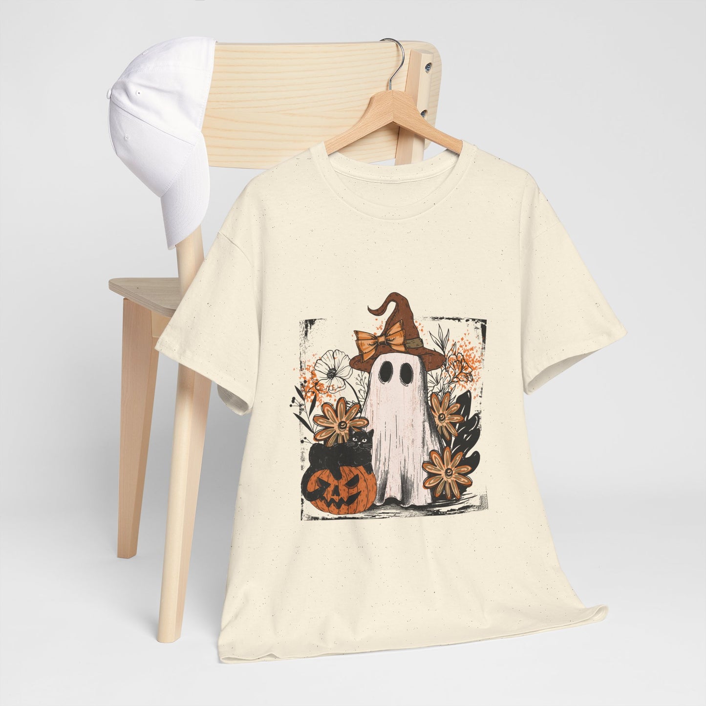 Floral Ghost Cat Pumpkin Halloween T-Shirt - Witch Hat Bow x Jack-O-Lantern