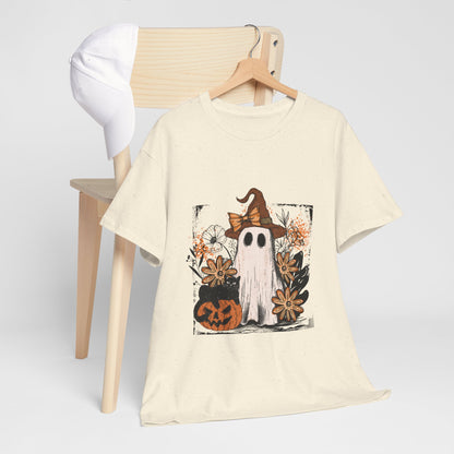 Floral Ghost Cat Pumpkin Halloween T-Shirt - Witch Hat Bow x Jack-O-Lantern