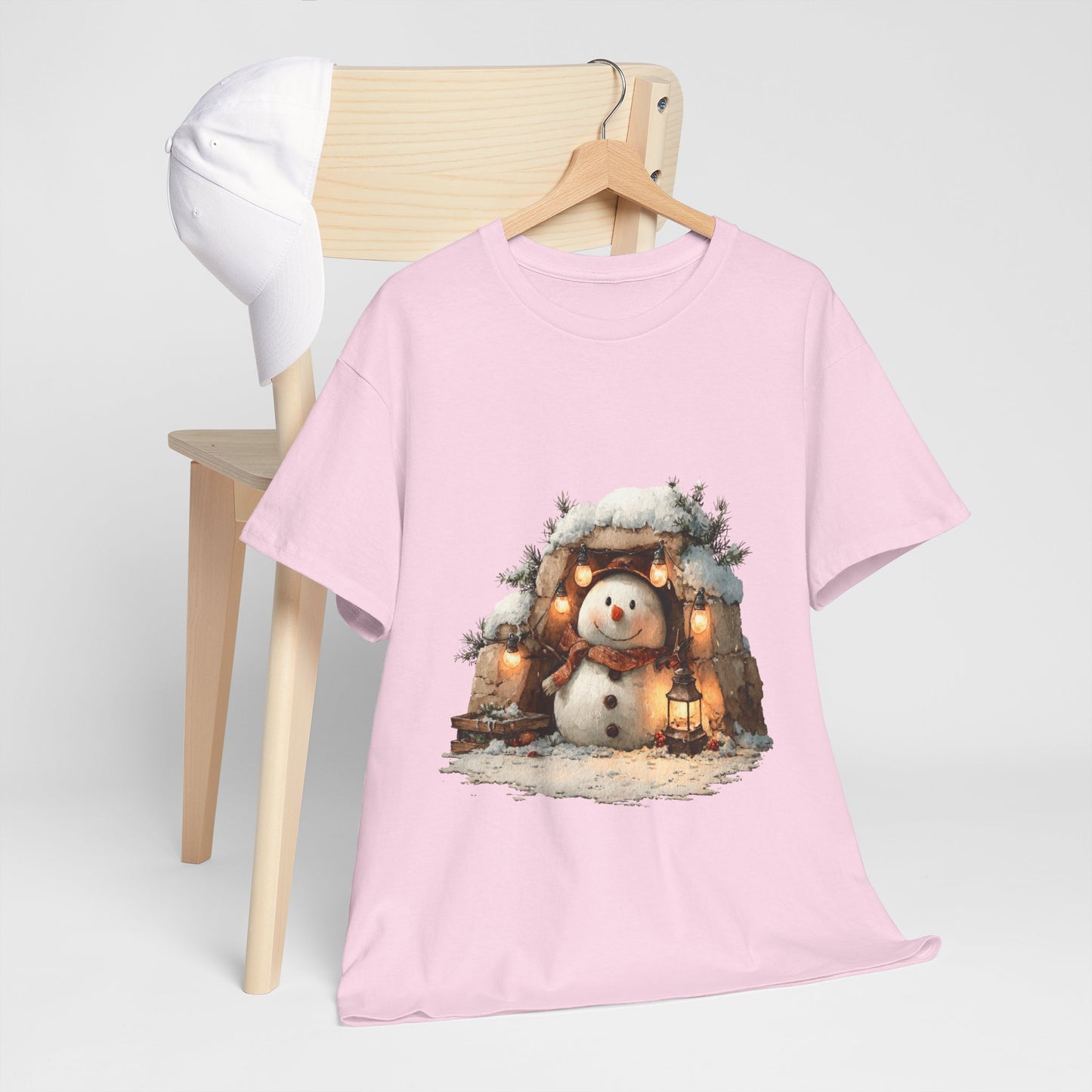 Cozy Lantern Snowman Christmas T-Shirt - Rustic Christmas Snowman with String Lights