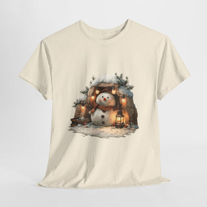 Cozy Lantern Snowman Christmas T-Shirt - Rustic Christmas Snowman with String Lights