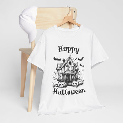 Vintage Haunted House Halloween T-Shirt - Gothic Pumpkins & Bats Tee