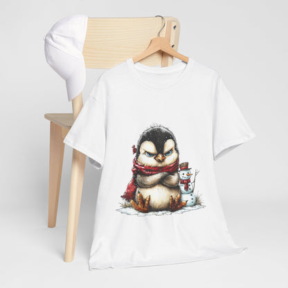 Grumpy Penguin Christmas T-Shirt - Winter Penguin with Snowman Buddy