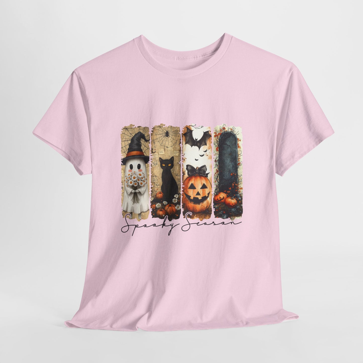Spooky Season Panels Halloween T-Shirt with Ghost, Black Cat, Jack-O-Lantern & Bats