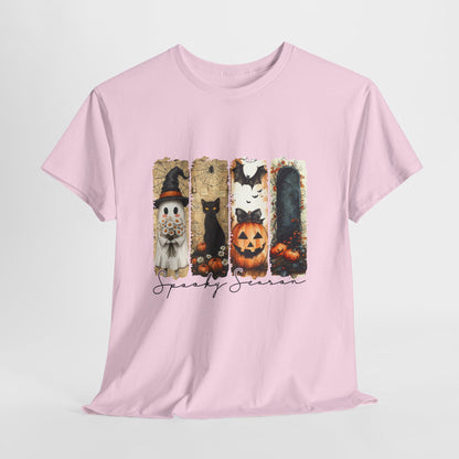 Spooky Season Panels Halloween T-Shirt with Ghost, Black Cat, Jack-O-Lantern & Bats