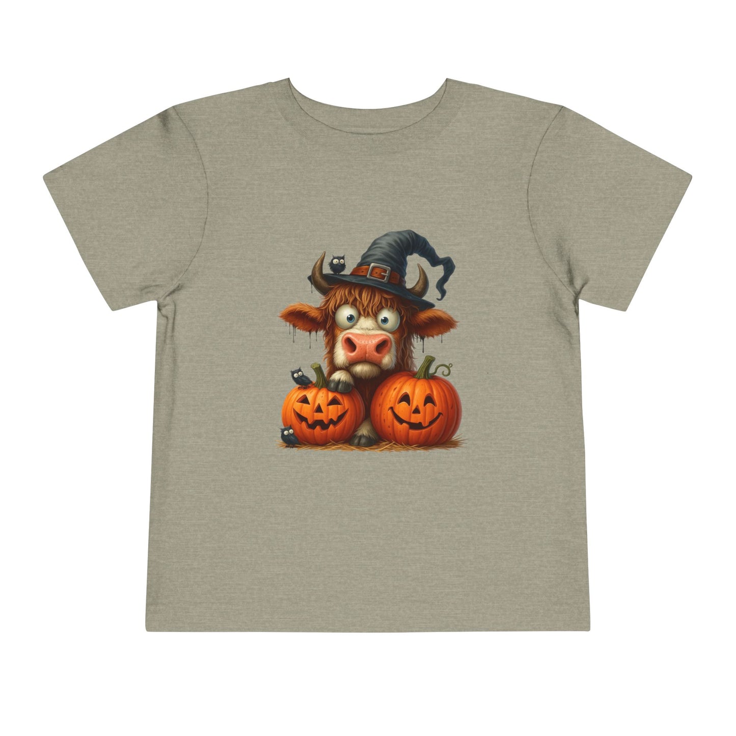 Cute Highland Cow Kids T-Shirt - Witch Hat & Pumpkins Toddler Tee