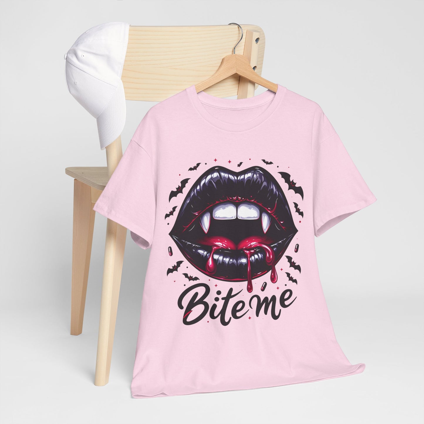 Bite Me Vampire Lips T-Shirt - Gothic Fangs & Bats Halloween Tee