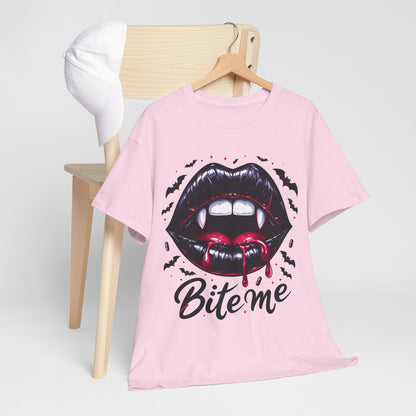 Bite Me Vampire Lips T-Shirt - Gothic Fangs & Bats Halloween Tee