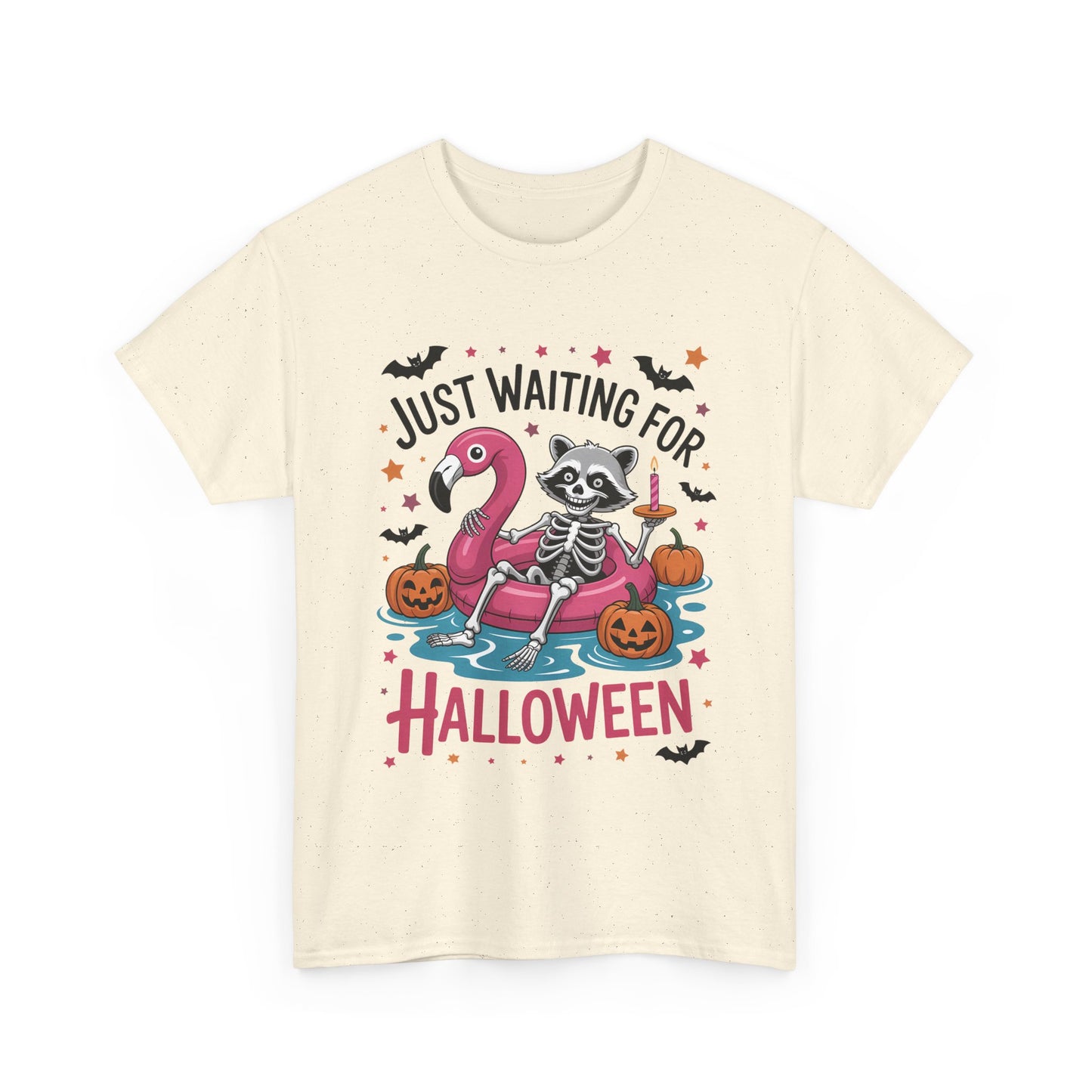 Just Waiting for Halloween T-Shirt - Raccoon Skeleton Flamingo Tee
