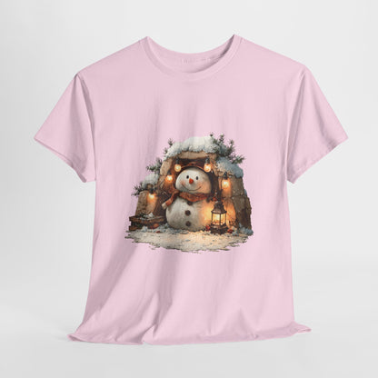 Cozy Lantern Snowman Christmas T-Shirt - Rustic Christmas Snowman with String Lights
