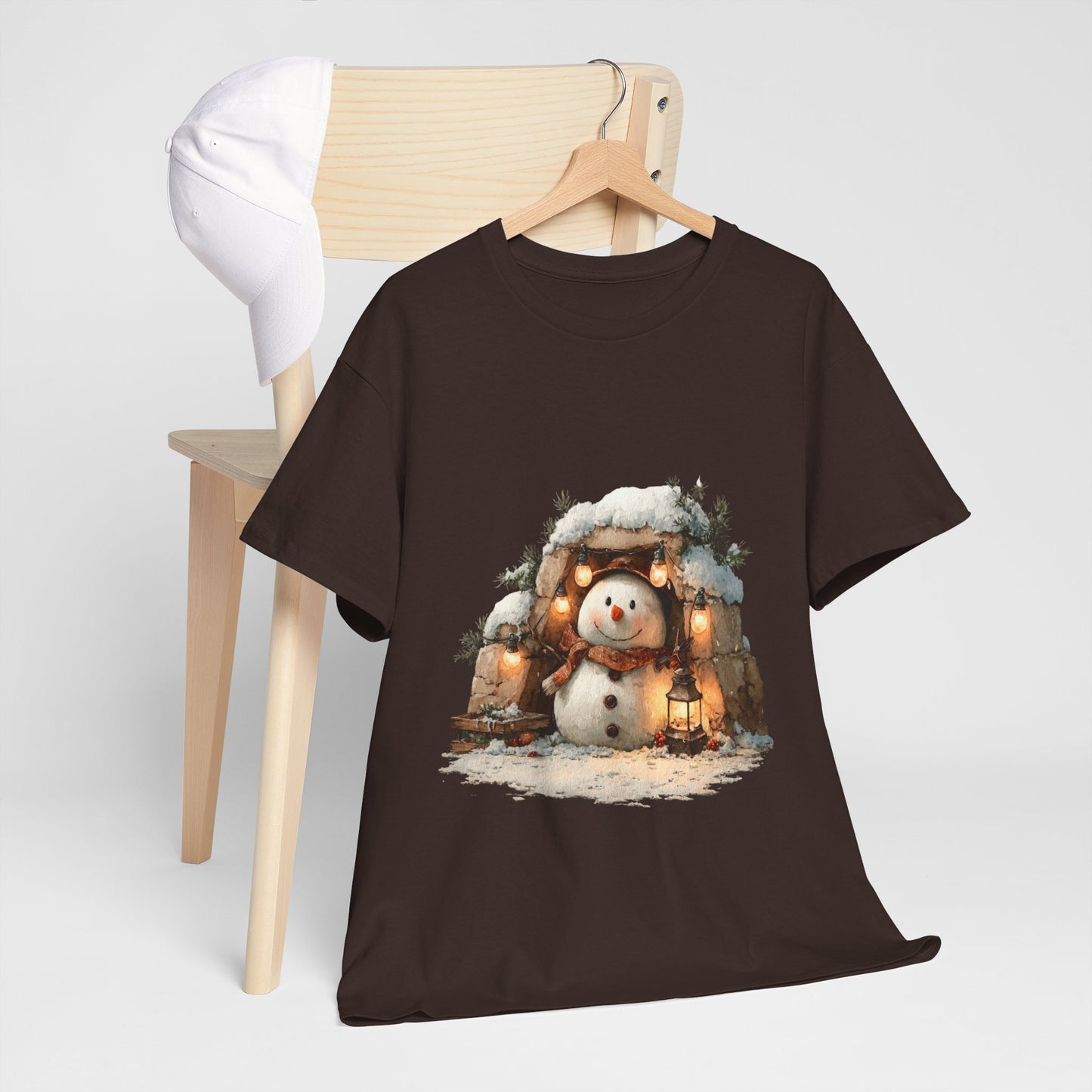 Cozy Lantern Snowman Christmas T-Shirt - Rustic Christmas Snowman with String Lights