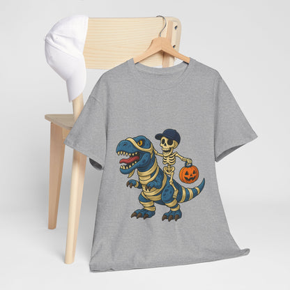 Skeleton Riding T-Rex Halloween T-Shirt - Dinosaur Mummy Wrap Tee