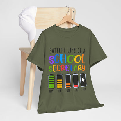 School Secretary Battery Shirt - Funny Rainbow Staff Tee for School Office Life, End of Year Exhaustion Gift for Secretaries