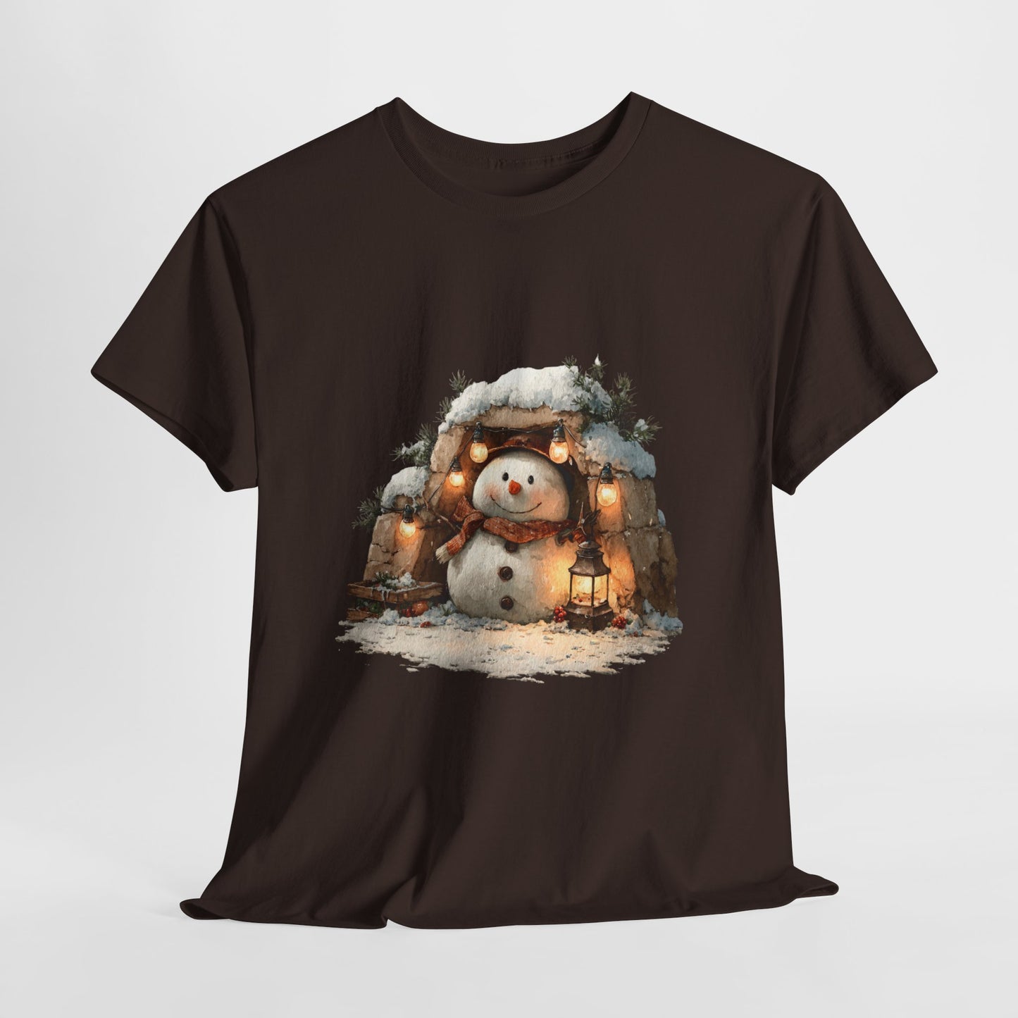 Cozy Lantern Snowman Christmas T-Shirt - Rustic Christmas Snowman with String Lights