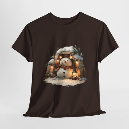 Cozy Lantern Snowman Christmas T-Shirt - Rustic Christmas Snowman with String Lights