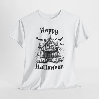 Vintage Haunted House Halloween T-Shirt - Gothic Pumpkins & Bats Tee