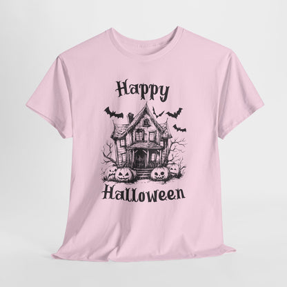 Vintage Haunted House Halloween T-Shirt - Gothic Pumpkins & Bats Tee