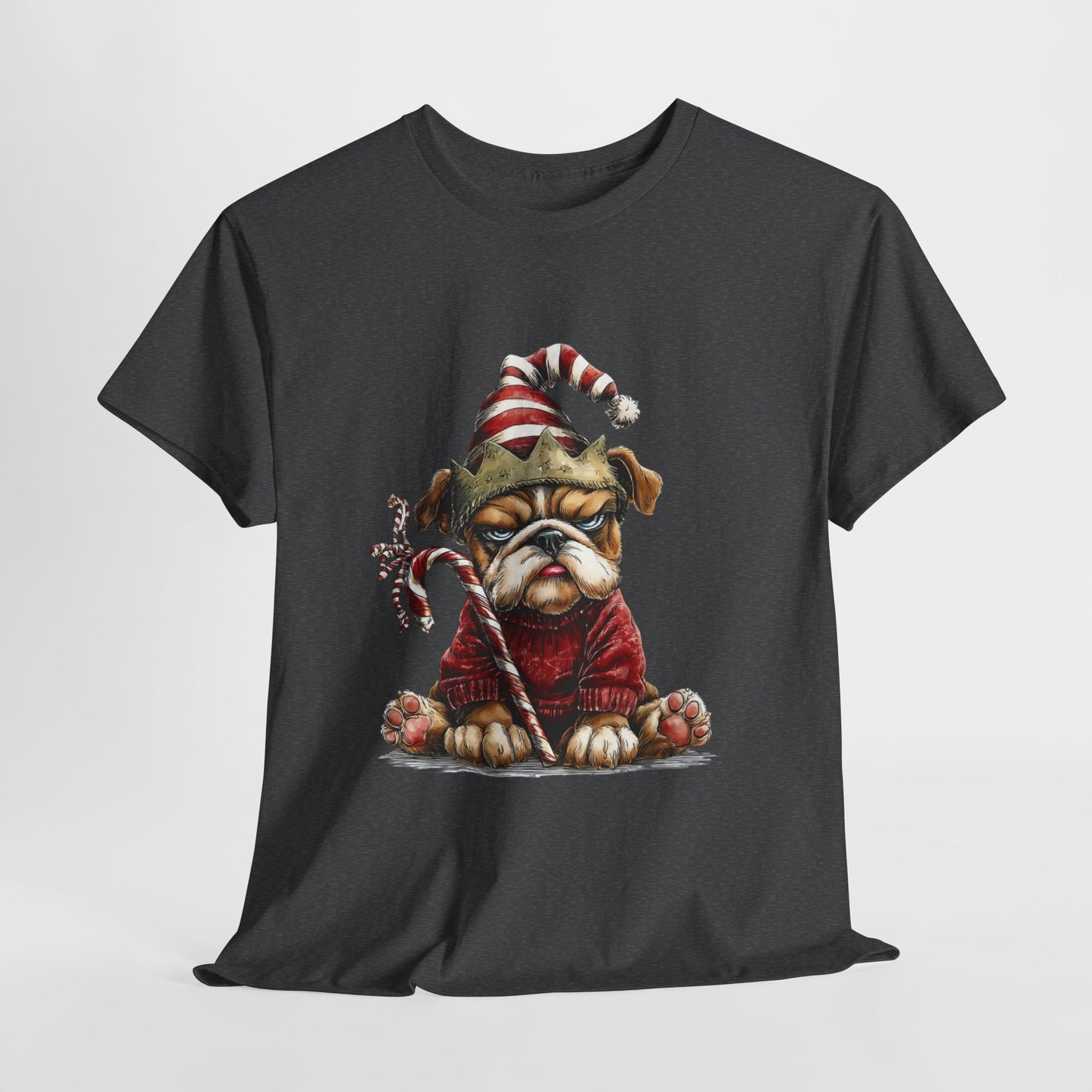 Grumpy Christmas Bulldog T-Shirt - Santa Hat Dog in Red Sweater
