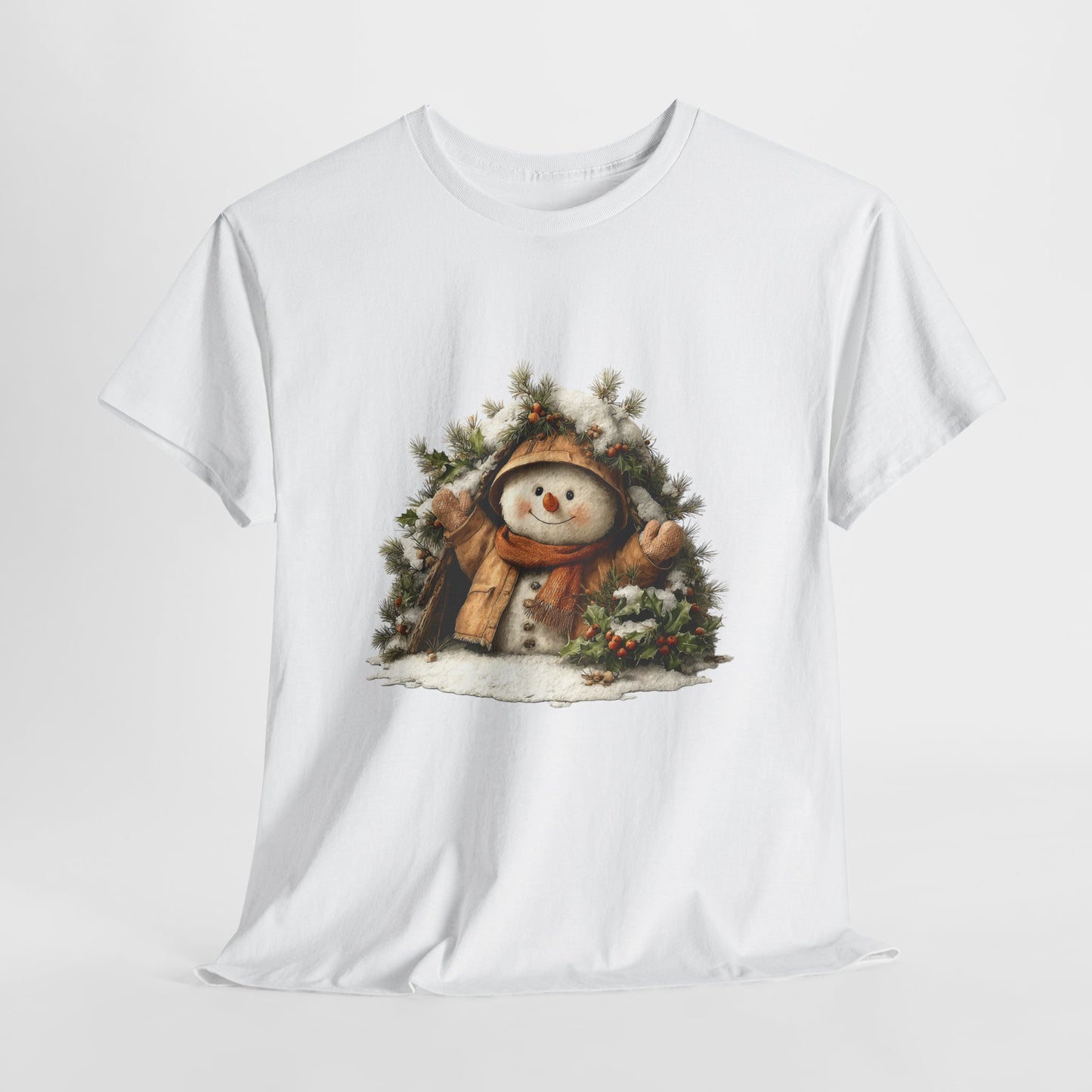 Forest Wreath Snowman Christmas T-Shirt - Cozy Rustic Snowman in Coat & Scarf