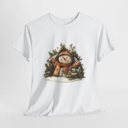 Forest Wreath Snowman Christmas T-Shirt - Cozy Rustic Snowman in Coat & Scarf